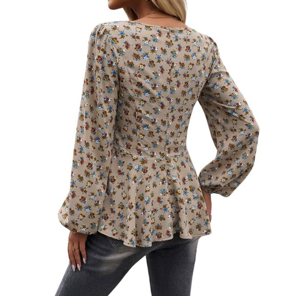 Khaki Square Neck Puff Sleeve Floral Peplum Top Size S M L XL Flower Bouquets - Picture 4 of 5